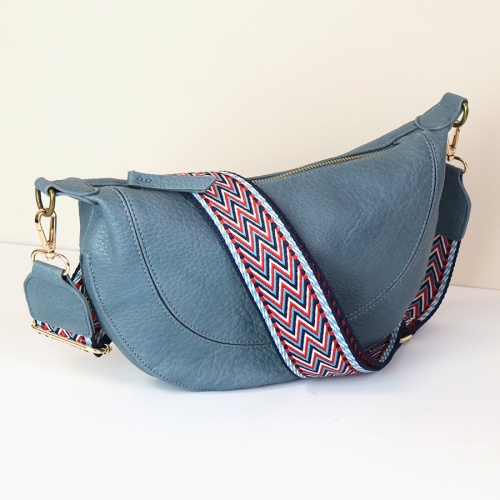 Denim Blue Vegan Leather Half Moon Bag with Webbing Zig Zag Strap by Peace of Mind